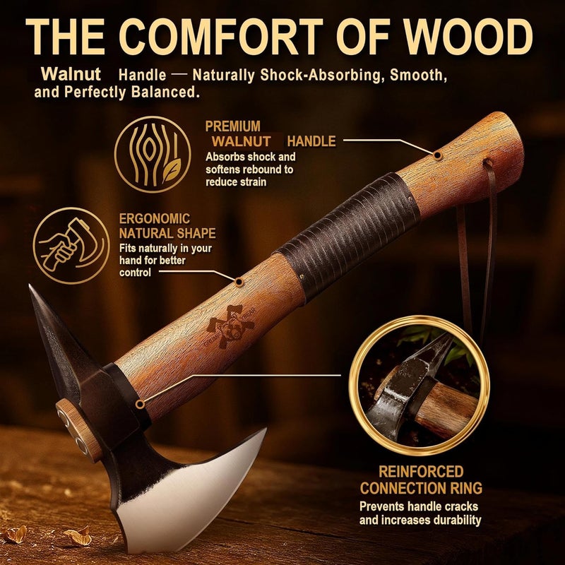 GRUMPY BEAR 15" Survival Axe Camping Hatchet – Forged High Carbon Steel Blade with Walnut Wood Handle – Anti-Slip Grip – Ideal for Bushcraft, Wood Splitting & Outdoor Adventures Black - Image 3